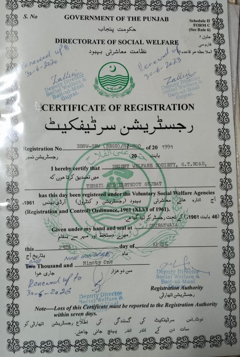 Decent Welfare Society Certificate of Registration